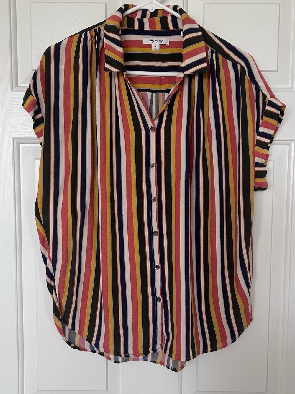 Madewell Striped Button-Front Short Sleeve Shirt in Mustard, Black, Navy & Pink